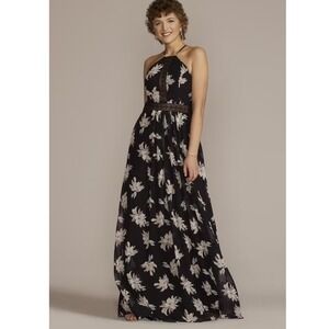 DB Studio Floral Printed Chiffon Halter A-Line with Illusion Detail Plus SZ 16‎